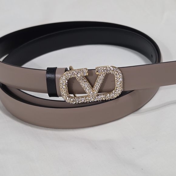 Valentino Garavani Accessories - Valentino Garavani Beige Belt with Gold Crystal Buckle